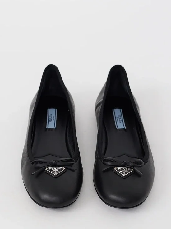 Prada Black Leather Triangle Logo Bow Flat 36.5 - Picture 1 of 11